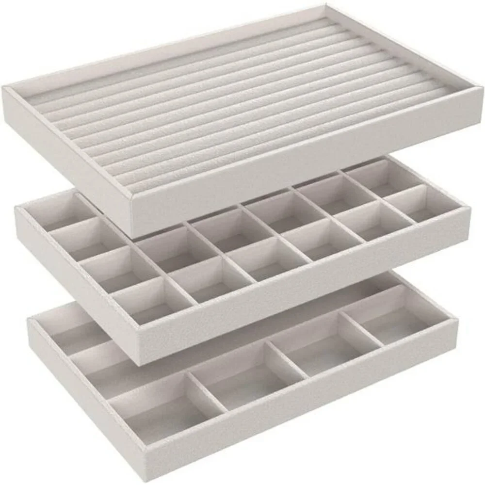 Stackable Velvet Jewelry Organizer Trays Set of 3 for Rings Earrings Necklaces